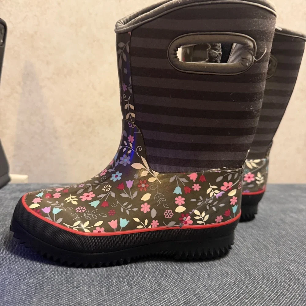 Kids Waterproof‎ Floral Striped Rain Boots with Pull Handles Gray Pink Size 11